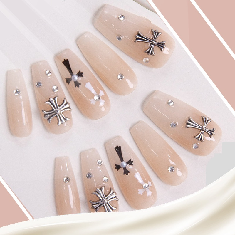 Elegant Cross Pearl Rhinestone False Nail Tips – Premium Acrylic Press on Nails