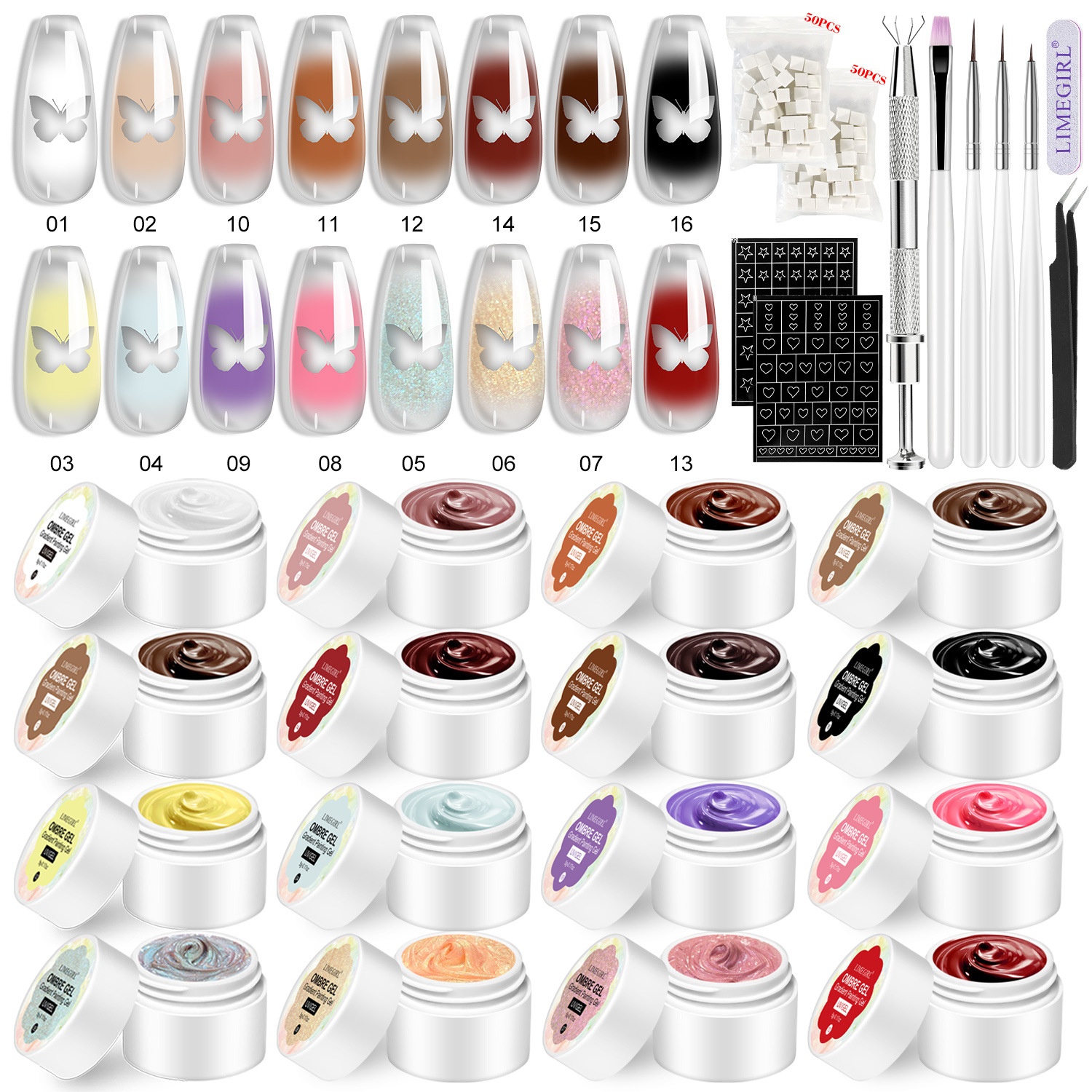 Limegirl Ombre Nail Gel Kit - 8 Colors Gradient Gel with Sponge, Brush & Tools for DIY Salon-Quality Nail Art (UV/LED, No Wipe)