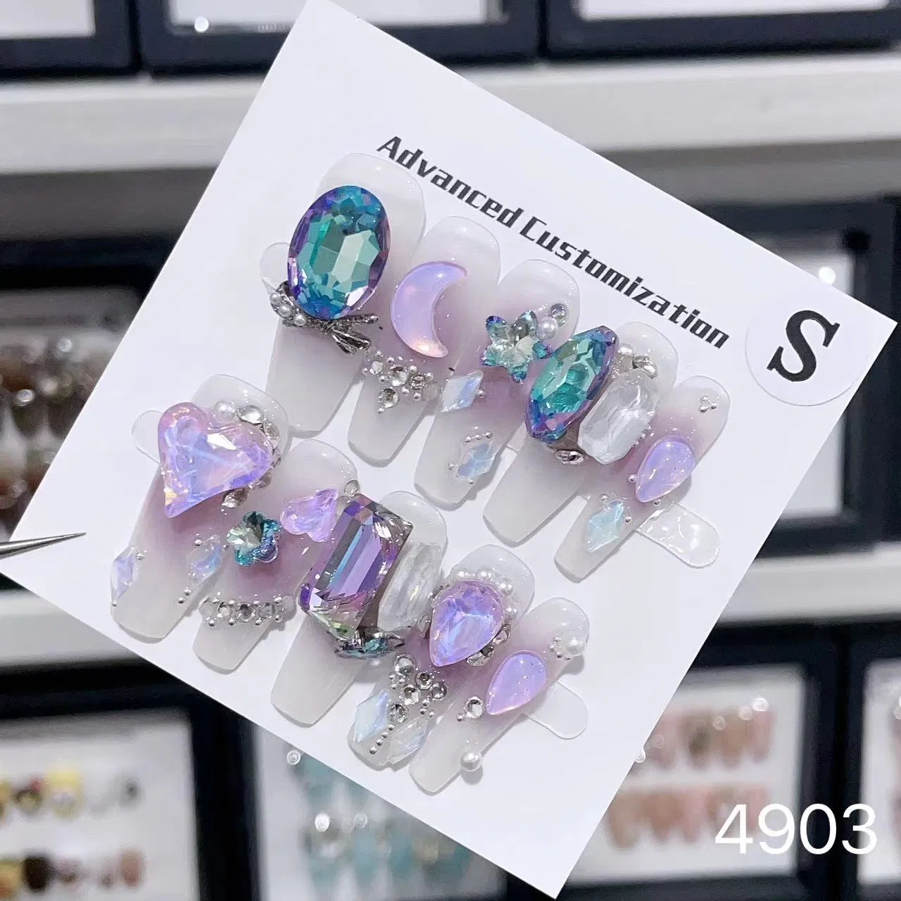 Wholesale Custom French OEM Rhinestone Diamond Glitter Flower Halo Pearl Light Pink Design Long Trapezoid Press Fake Press on Nails Fingers ABS Acrylic Material