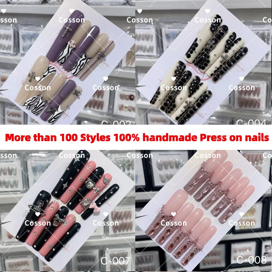 Wholesale Short Medium Long French Rhinestone Rectangular Press on Fake Nails ABS Acrylic Medium Long Length Coffin Tip Design Fingers Handmade False Nails