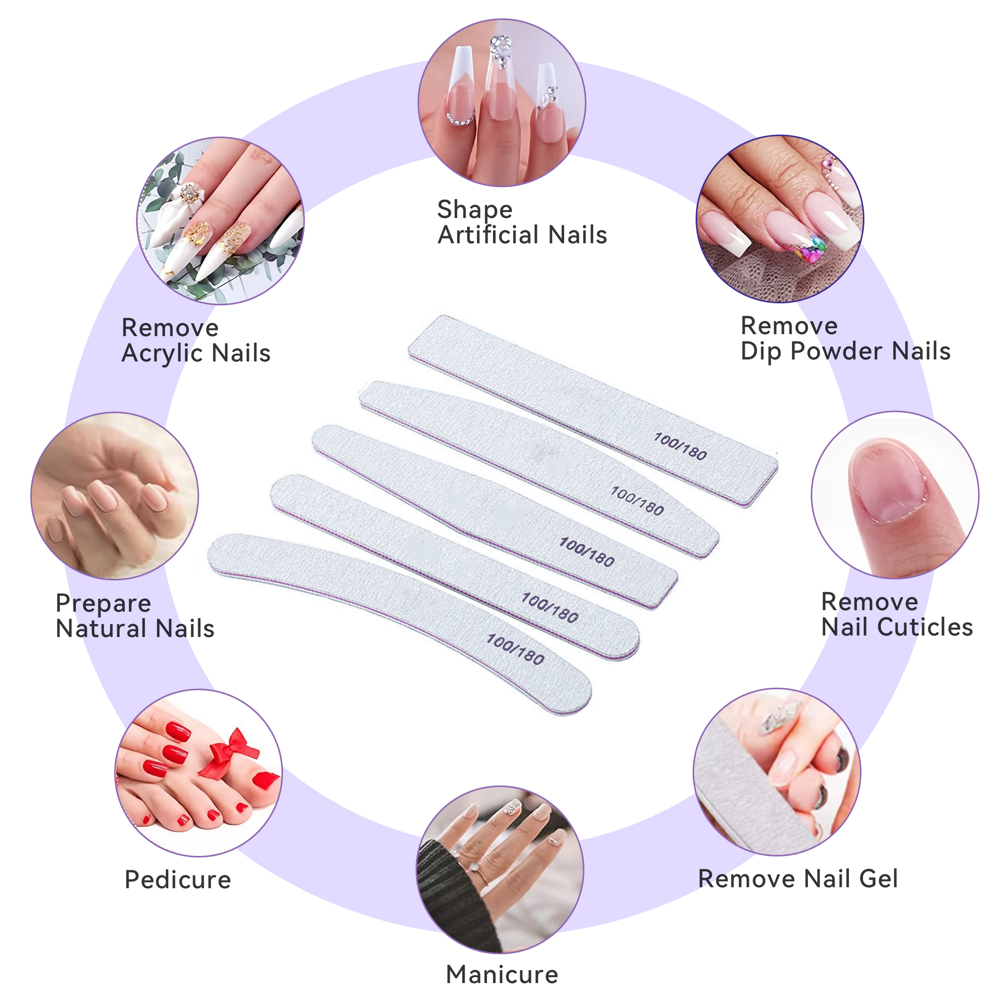 Custom Private Logo Design Nail Files 80 100 120 150 180 240 Grit Zebra Half Moon Shape Nail File