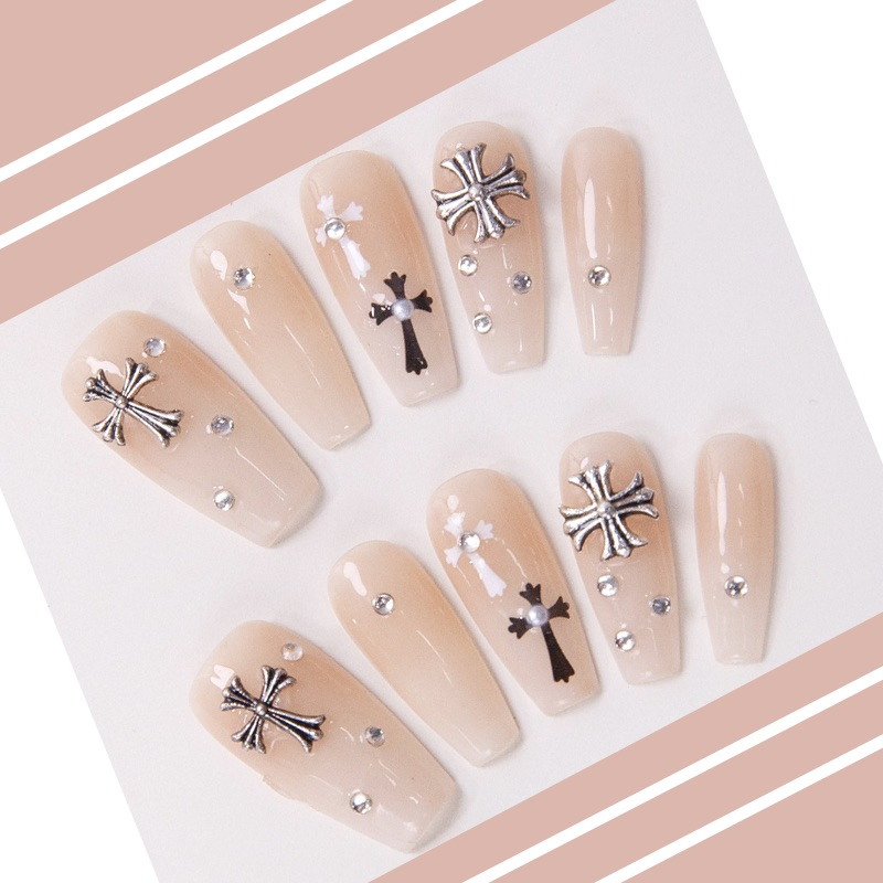 Elegant Cross Pearl Rhinestone False Nail Tips – Premium Acrylic Press on Nails
