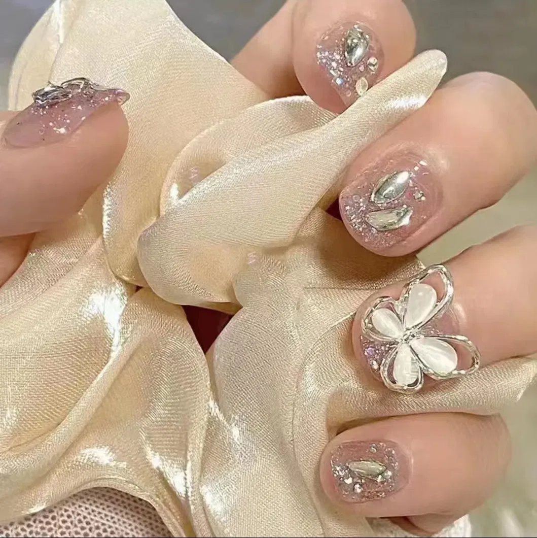 Aurora Drill Blush Glitter Powder Nail White Fake Nails Short Detachable Wearable Manicure