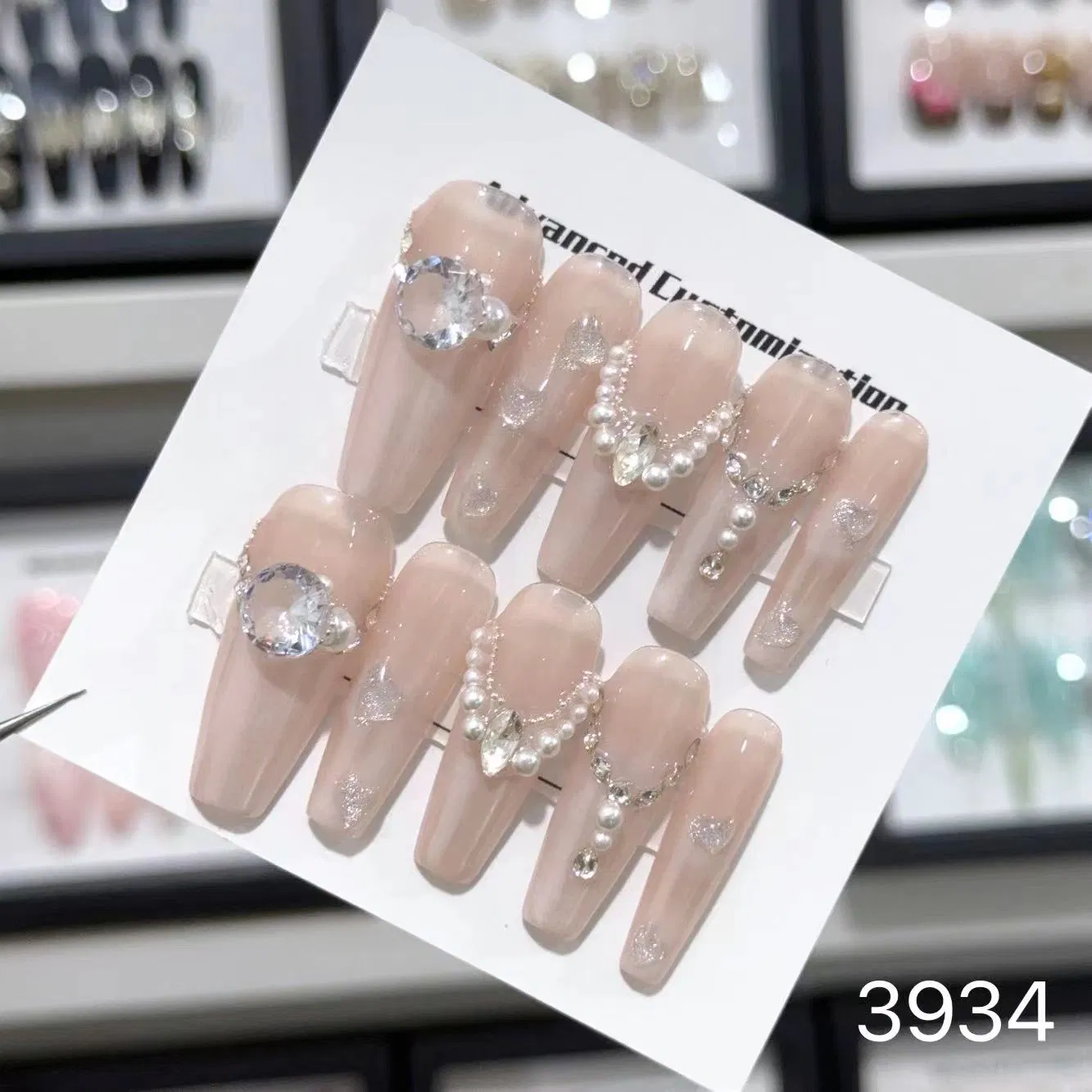 Wholesale High Quality French Gradient Pearl Rhinestone Diamond False Nail 10 PCS/Set Sparkling ABS Acrylic Trapezoidal Press on Fake Nails Finger Application