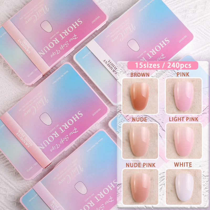 Customize False Nails Acrylic Short Round Gradient Pink Fake Nail for Beauty