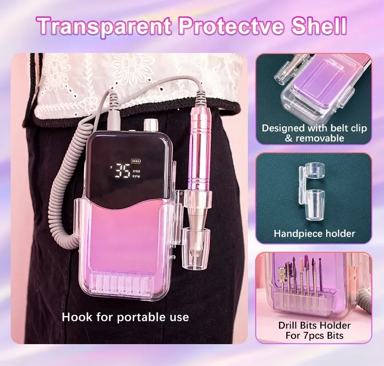 Rechargeable Nail Art 35000rpm Portable Manicure Pedicure Mini Nail Polisher Electric Strong Power Cordless 7 Head Nail Drill Machine