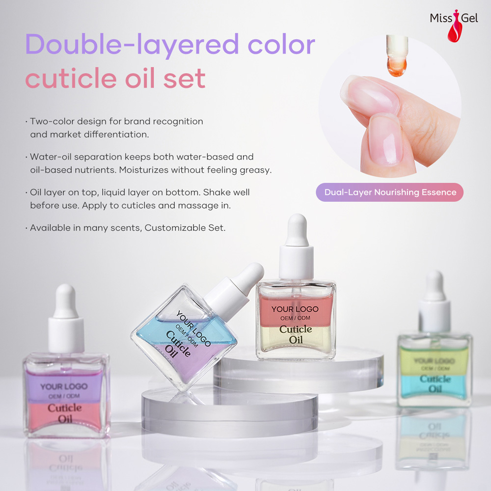 MissGel Private Label Cuticle Oil Set Manufacturers for Nail Care Custom Logo 10ml Bottle with Organic Dual-Colored Cuticle Oil