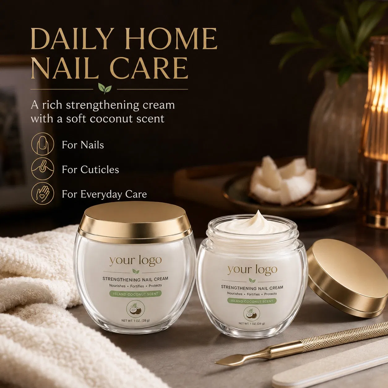 OEM ODM Nail Fortifying Cuticle Softening Long Lasting Strength Fresh Coconut Aroma Island Coconut Strengthening Nail Cream