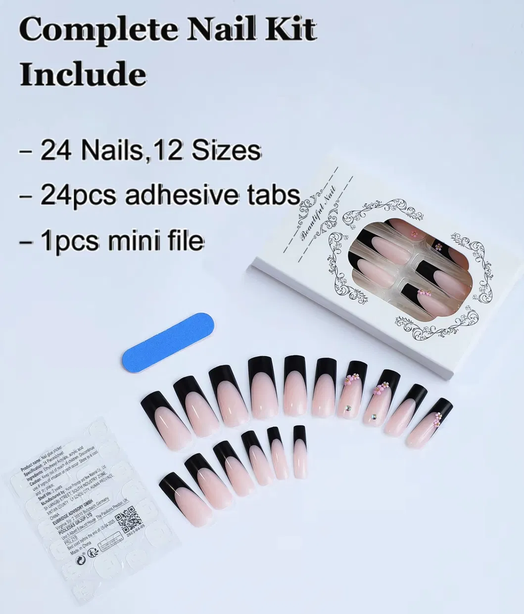 Wholesale Short Medium Long French Rhinestone Rectangular Press on Fake Nails ABS Acrylic Medium Long Length Coffin Tip Design Fingers Handmade False Nails
