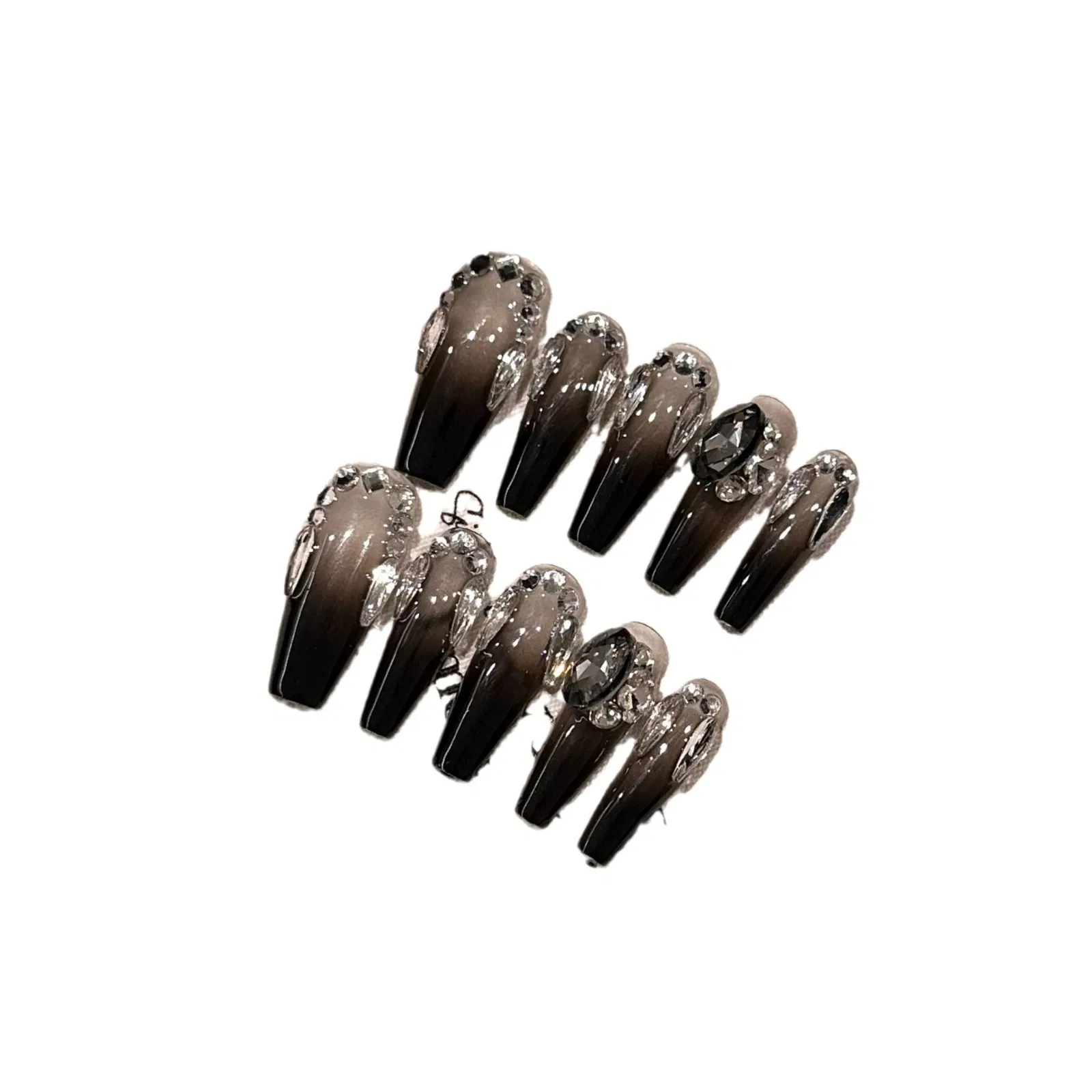 Handmade Nail Art with High-End Black Gradient Glitter and Full Rhinestones, Exuding a Luxurious and Sophisticated Vibe, and Making Your Skin Look Brighter