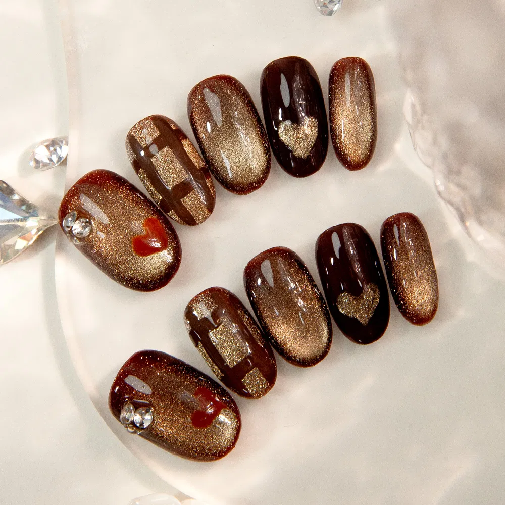 Luxury Golden Brown Heart-Shaped Nail Art Stickers with Glitter Gradient &amp; Crystal Rhinestones
