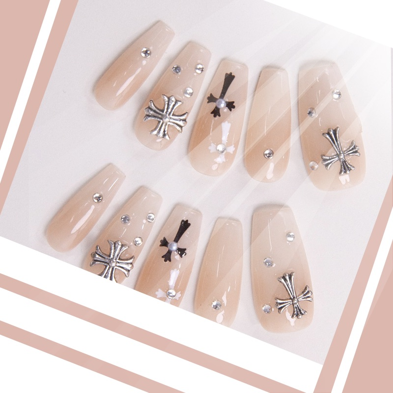 Elegant Cross Pearl Rhinestone False Nail Tips – Premium Acrylic Press on Nails