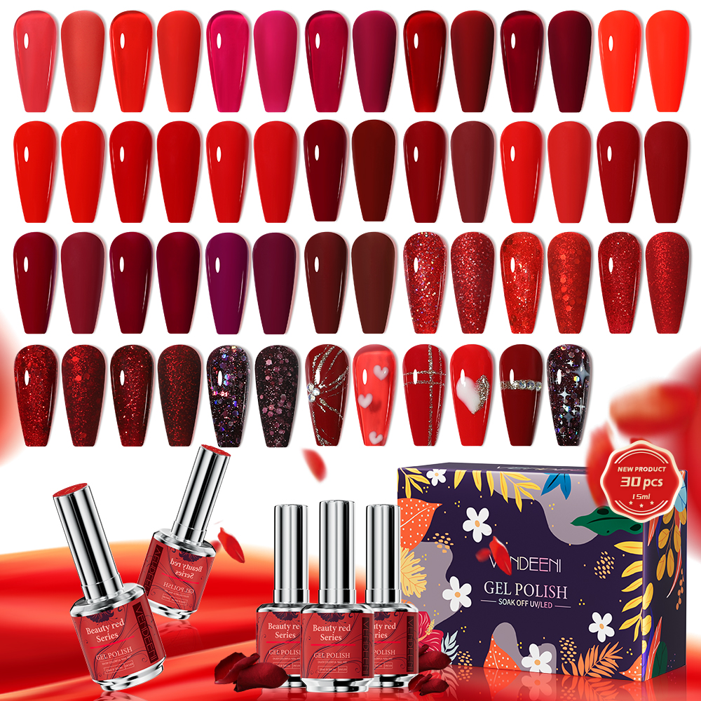 Hot Sale Solid Color Red Uv Gel Polish 15 Ml Gel Nail Polish Kit 30 Colors Uv Nail Gel Polish Custom Logo Box CE Certified
