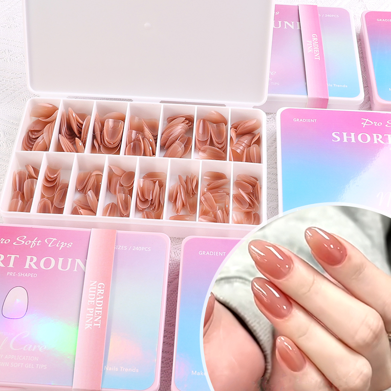 Customize False Nails Acrylic Short Round Gradient Pink Fake Nail for Beauty