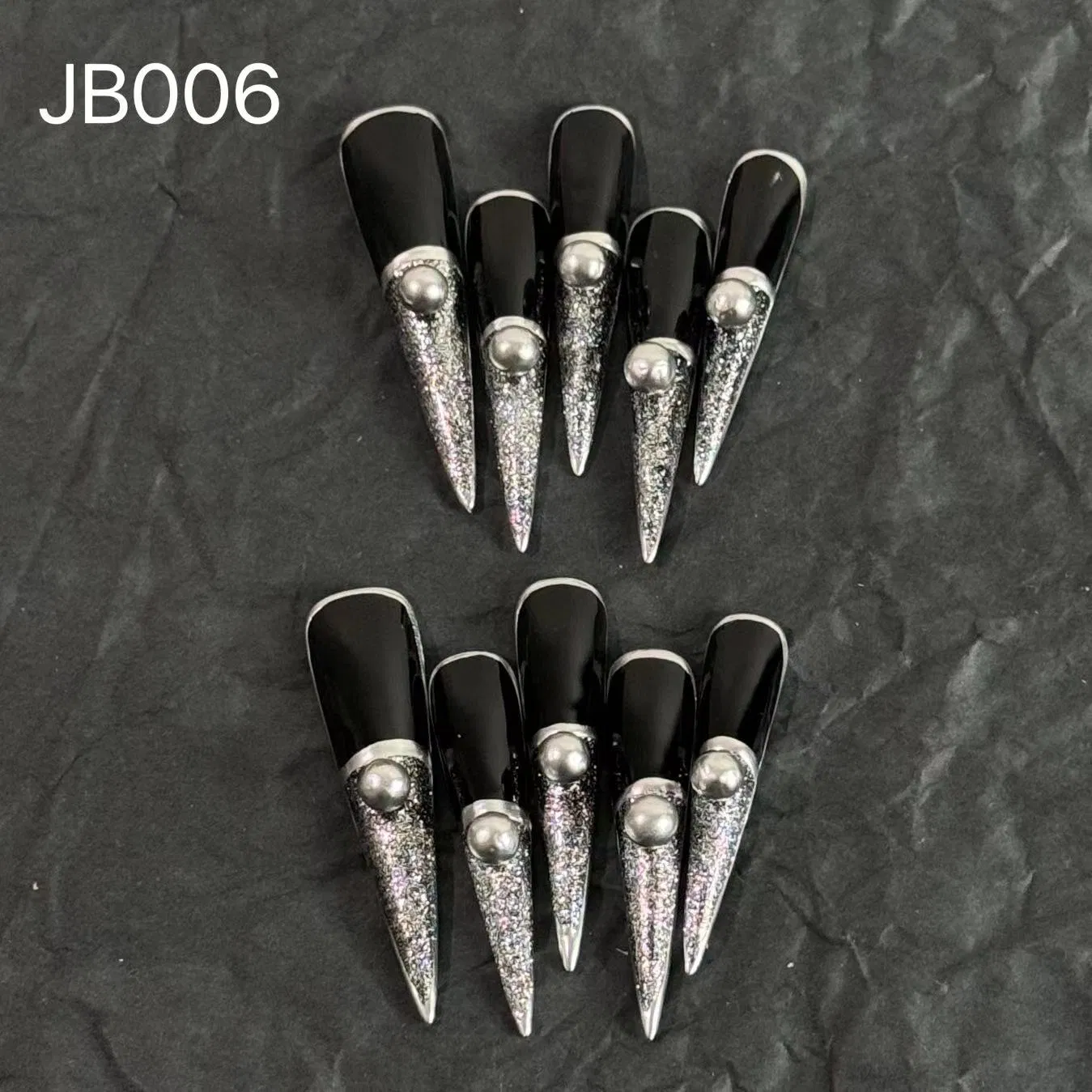 Wholesale Halloween Custom Blue Black Sliver Chain Style Rhinestone Decorative Super Long Pointed Acrylic False Tips Polish Almond Coffin Patterns OEM Nails Art