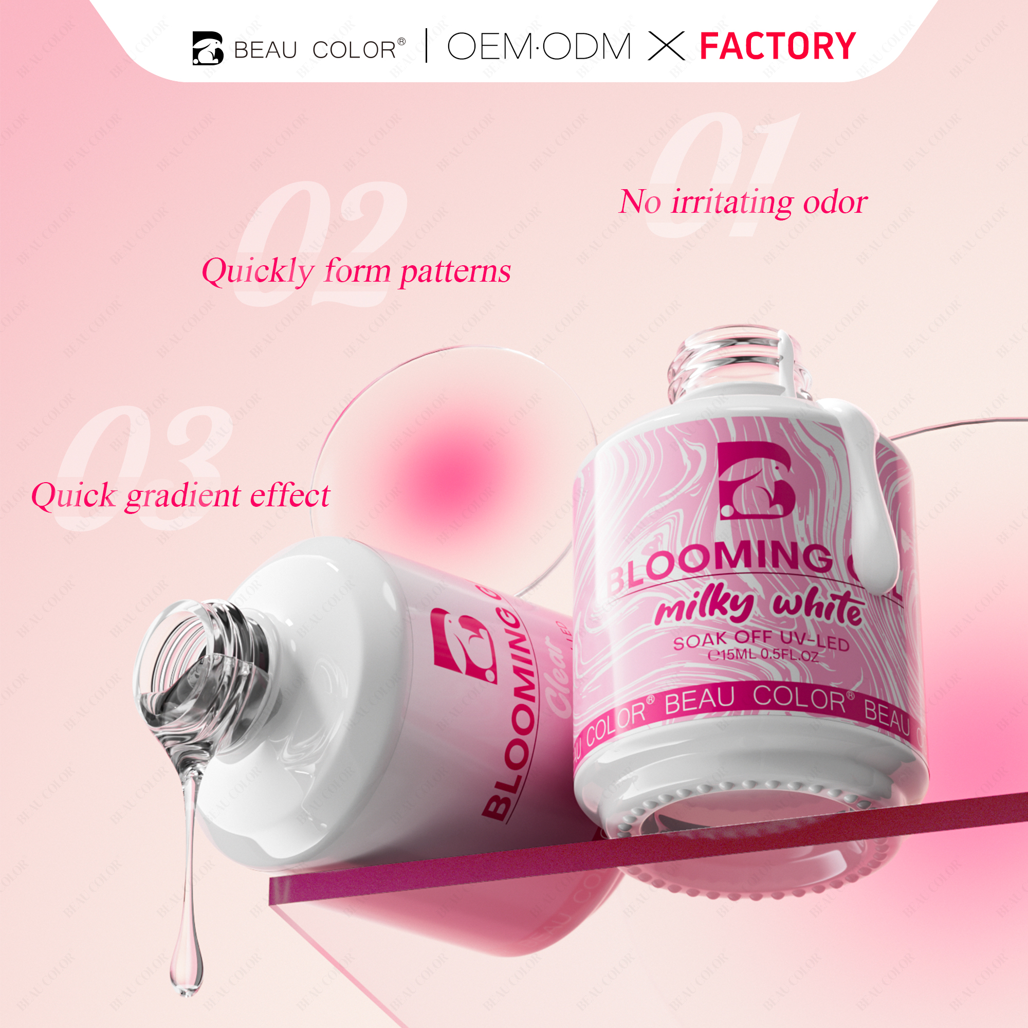 Beau Color Factory Private Label Clear/Milky White Blooming Gel Polish Free Custom Gel Nail Polish OEM Nail Products Suppliers