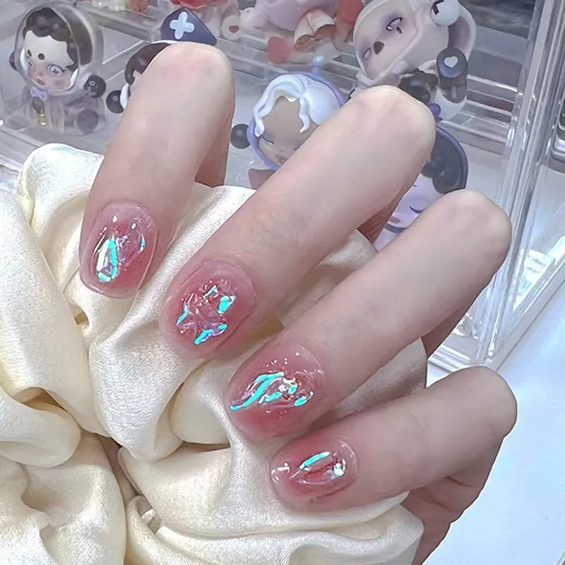 Aurora Drill Blush Glitter Powder Nail White Fake Nails Short Detachable Wearable Manicure
