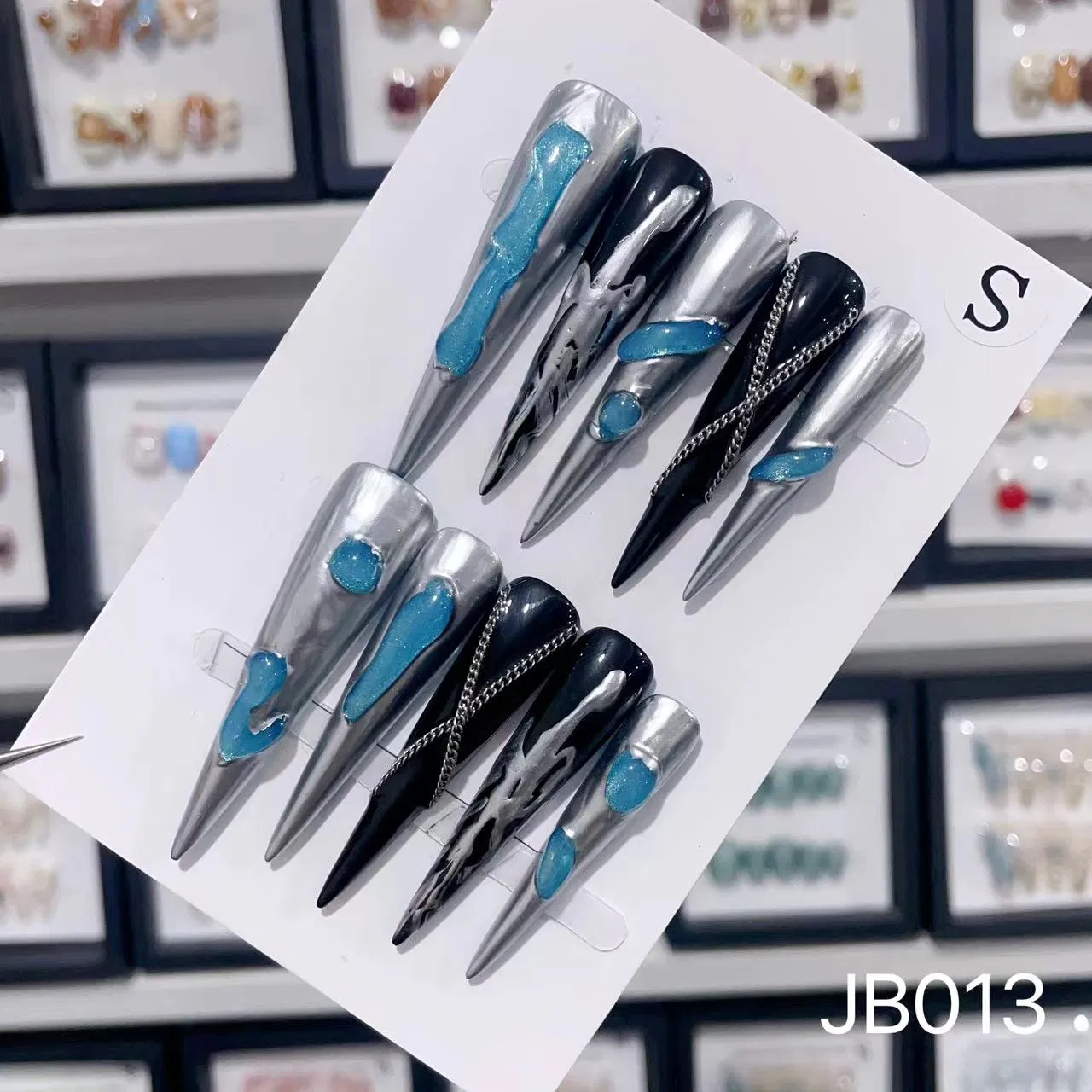 Wholesale Halloween Custom Blue Black Sliver Chain Style Rhinestone Decorative Super Long Pointed Acrylic False Tips Polish Almond Coffin Patterns OEM Nails Art