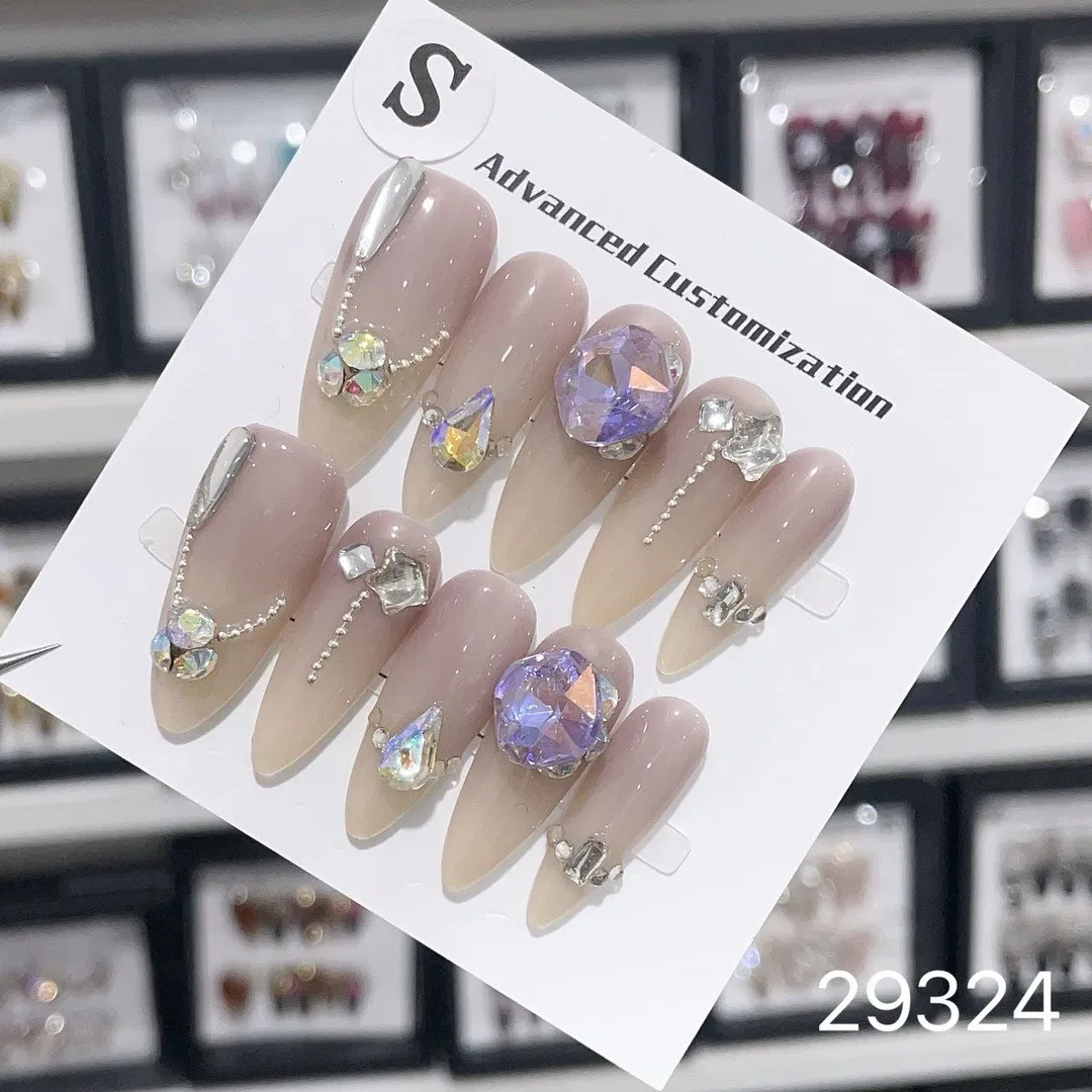 Wholesale Short Medium Long French Rhinestone Rectangular Press on Fake Nails ABS Acrylic Medium Long Length Coffin Tip Design Fingers Handmade False Nails