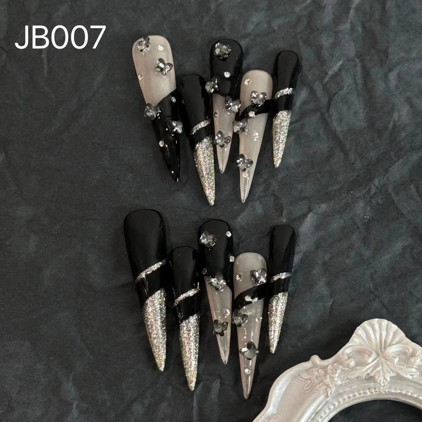 Wholesale Halloween Custom Blue Black Sliver Chain Style Rhinestone Decorative Super Long Pointed Acrylic False Tips Polish Almond Coffin Patterns OEM Nails Art