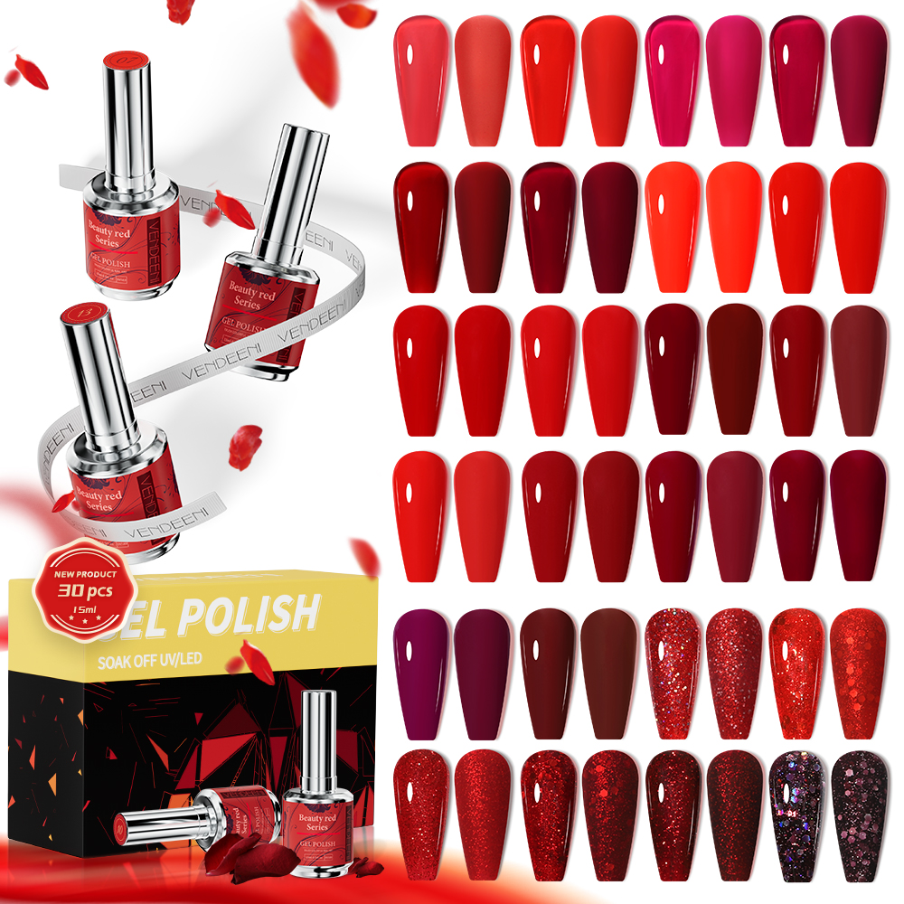 Hot Sale Solid Color Red Uv Gel Polish 15 Ml Gel Nail Polish Kit 30 Colors Uv Nail Gel Polish Custom Logo Box CE Certified