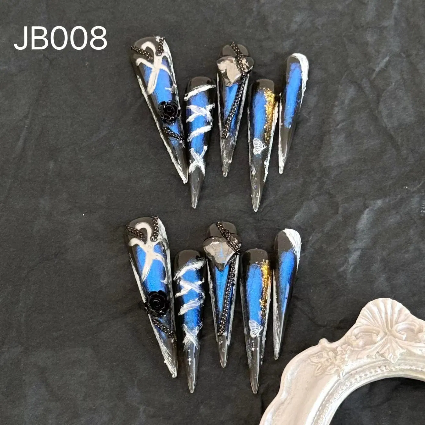 Wholesale Halloween Custom Blue Black Sliver Chain Style Rhinestone Decorative Super Long Pointed Acrylic False Tips Polish Almond Coffin Patterns OEM Nails Art
