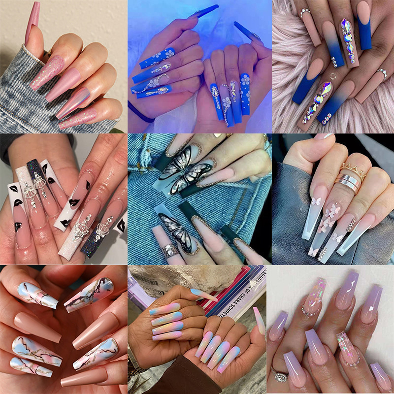 Wholesale Short Medium Long French Rhinestone Rectangular Press on Fake Nails ABS Acrylic Medium Long Length Coffin Tip Design Fingers Handmade False Nails
