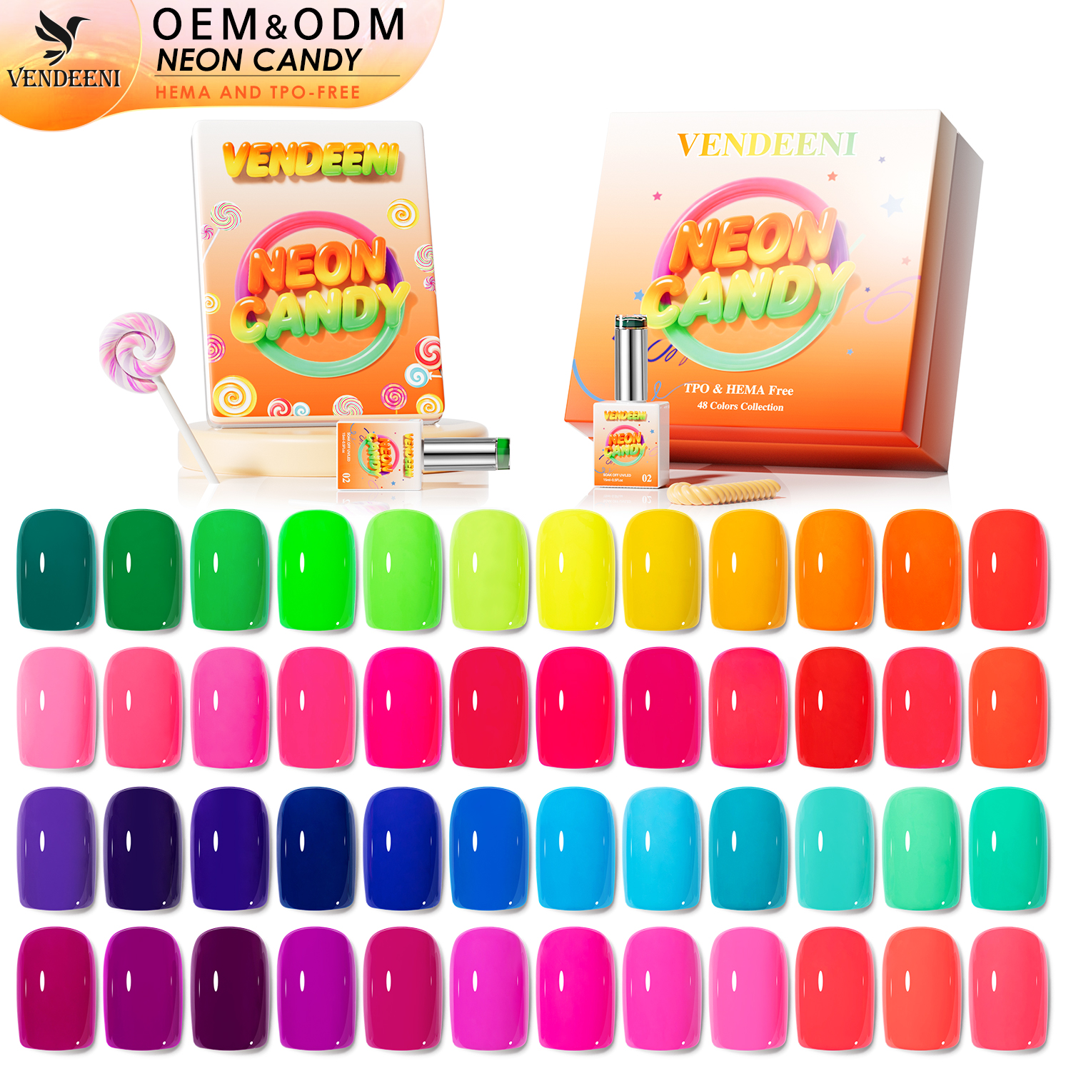 Vendeeni Professional Nail Supplier Uv Led Neon 48colors Gel Nail Polish Set TPO HEMA FREE OEM Label Free Design Nail Boxes
