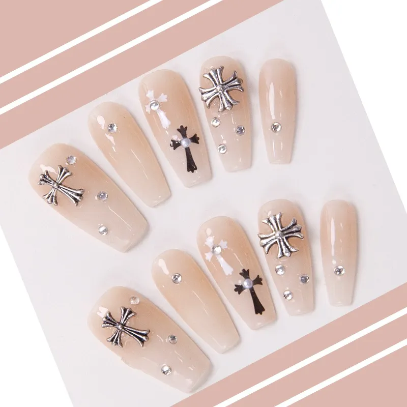 Elegant Cross Pearl Rhinestone False Nail Tips