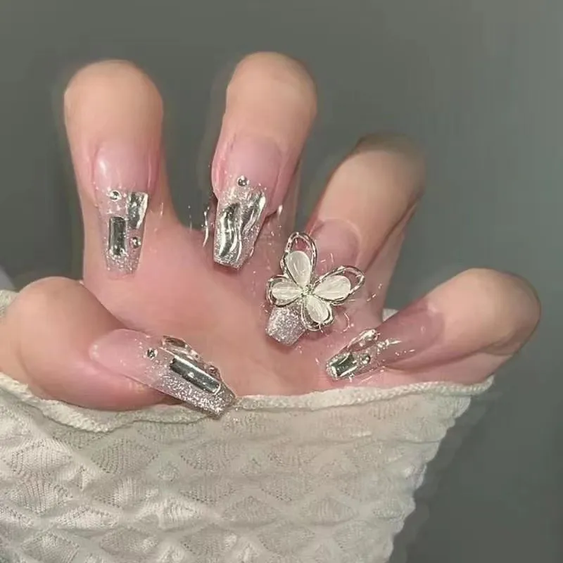 Aurora Drill Blush Glitter Powder Nail White Fake Nails Short Detachable Wearable Manicure