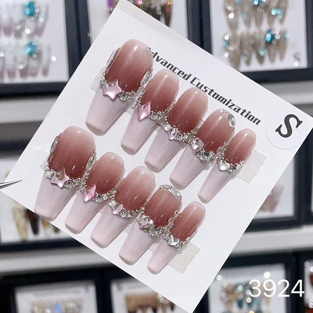 Wholesale High Quality French Gradient Pearl Rhinestone Diamond False Nail 10 PCS/Set Sparkling ABS Acrylic Trapezoidal Press on Fake Nails Finger Application