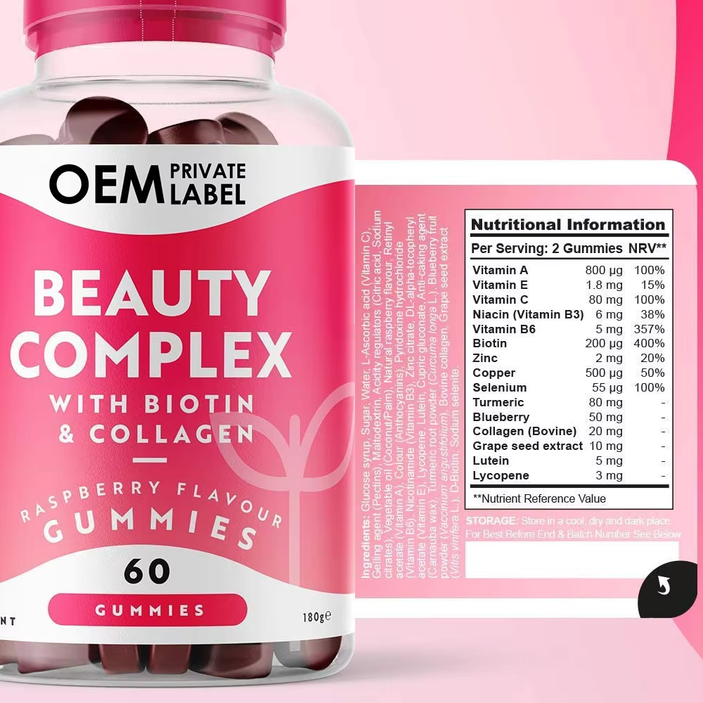 Collagen Beauty Vitamins Complex Gummy Candy Women 60 Gummies Raspberry Flavor Organic Gluten-Free Natural Skin Nails Face Care