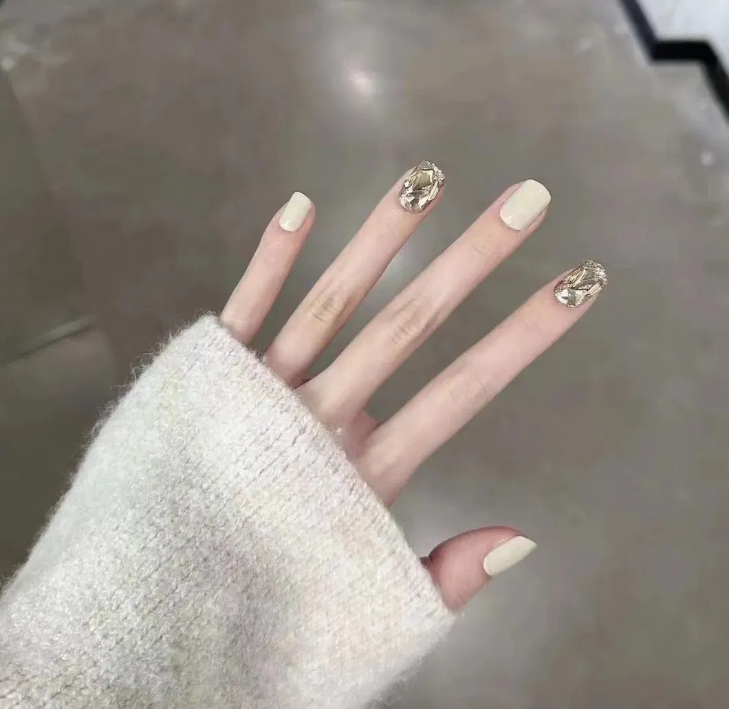Aurora Drill Blush Glitter Powder Nail White Fake Nails Short Detachable Wearable Manicure