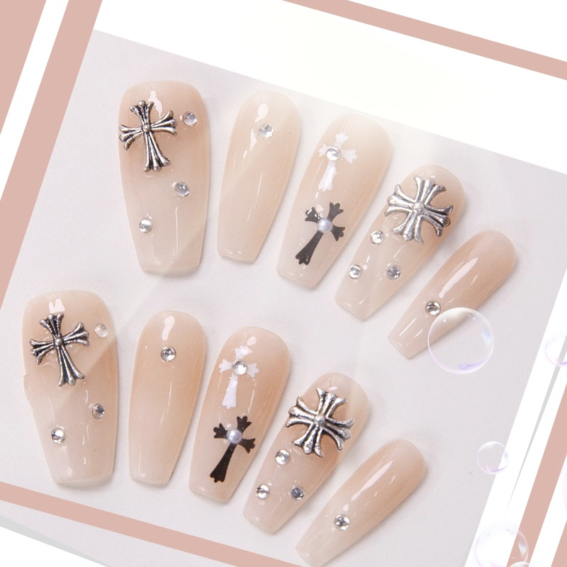 Elegant Cross Pearl Rhinestone False Nail Tips – Premium Acrylic Press on Nails