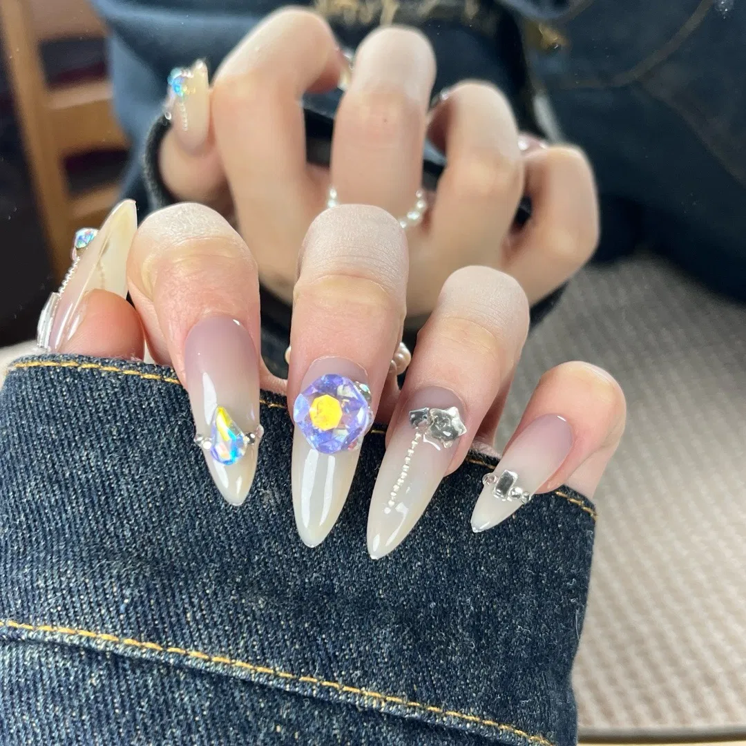 Wholesale Short Medium Long French Rhinestone Rectangular Press on Fake Nails ABS Acrylic Medium Long Length Coffin Tip Design Fingers Handmade False Nails