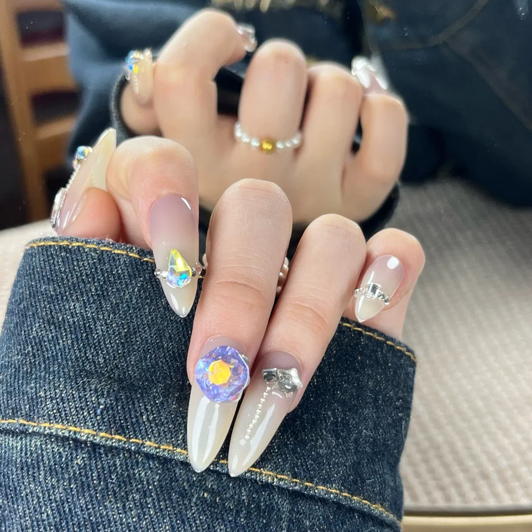 Wholesale Short Medium Long French Rhinestone Rectangular Press on Fake Nails ABS Acrylic Medium Long Length Coffin Tip Design Fingers Handmade False Nails