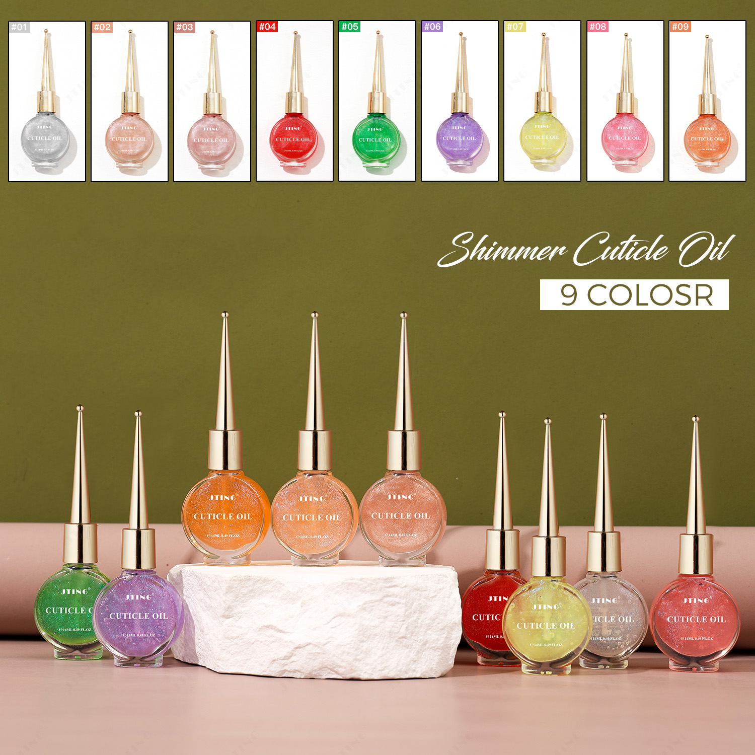 JTING New Design Shimmer Cuticle Oil 9colors Nutrition Revitalizer Oil OEM/ODM Private Label Free Custom Cuticle Oil for Nails