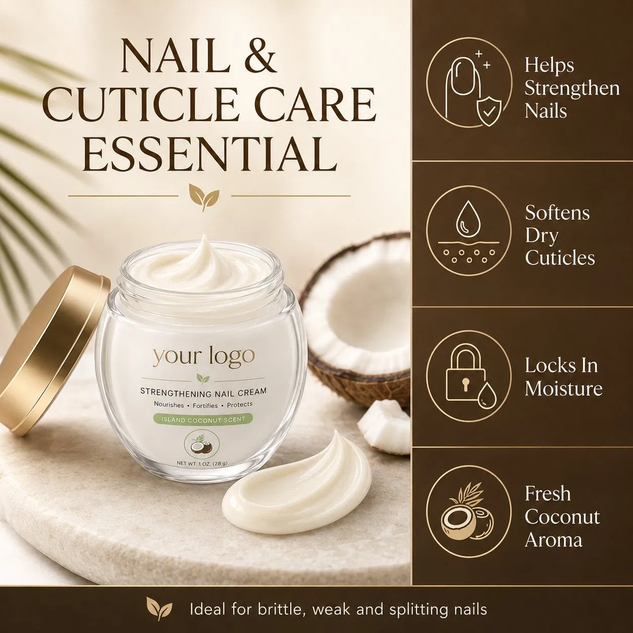 Private Label Nail Cuticle Care Stronger Nails Softer Cuticles Moisture Locking Coconut Strengthening Nail Cream