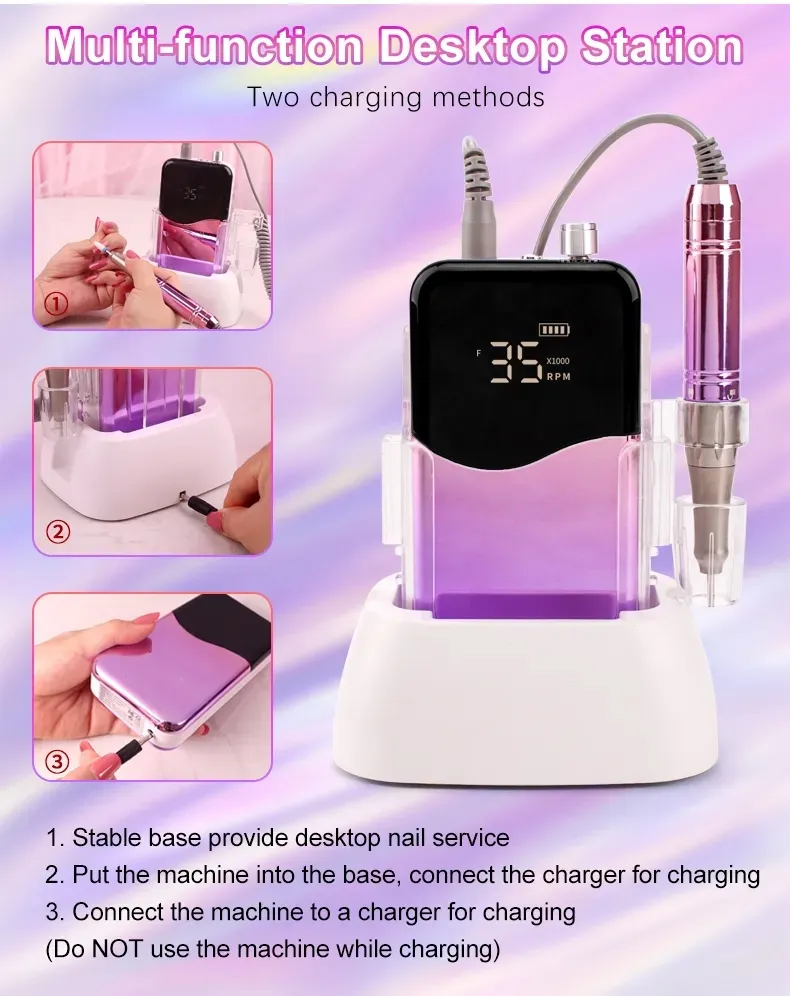 Rechargeable Nail Art 35000rpm Portable Manicure Pedicure Mini Nail Polisher Electric Strong Power Cordless 7 Head Nail Drill Machine