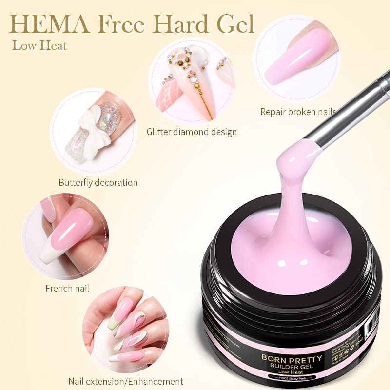 BORN PRETTY PRO New Formula No Burn Builder Nail Extension Gel Color 30ml HEMA Free Low Heat Self Leveling Hard Gel Nail Builder