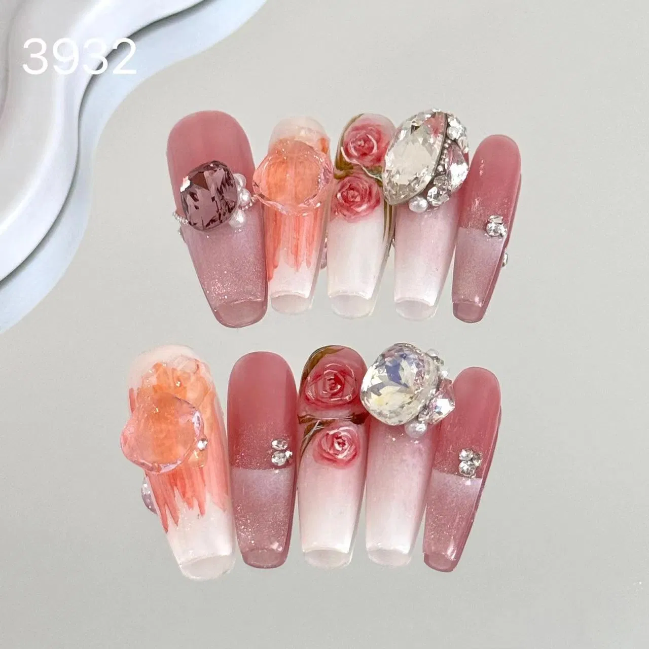 Wholesale Custom French OEM Rhinestone Diamond Glitter Flower Halo Pearl Light Pink Design Long Trapezoid Press Fake Press on Nails Fingers ABS Acrylic Material