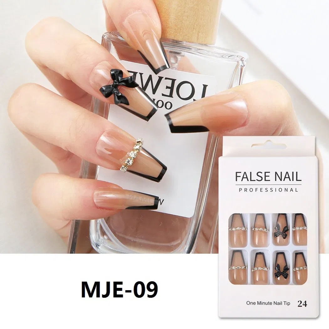 Custom Logo ISO9001almond Fake False French Tip Nails Gold Line Design Glue on Nails Press Ons Medium Acrylic Press on Nails