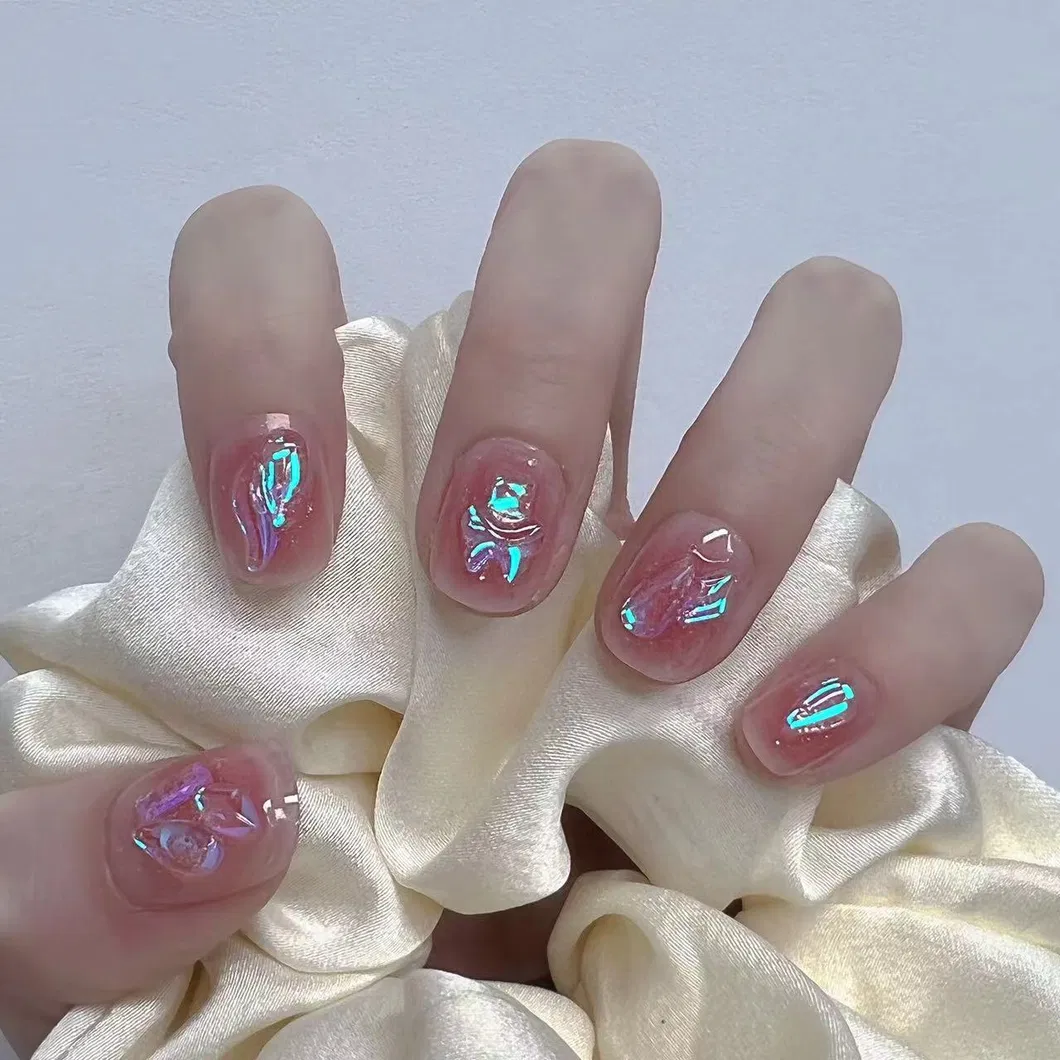 Aurora Drill Blush Glitter Powder Nail White Fake Nails Short Detachable Wearable Manicure