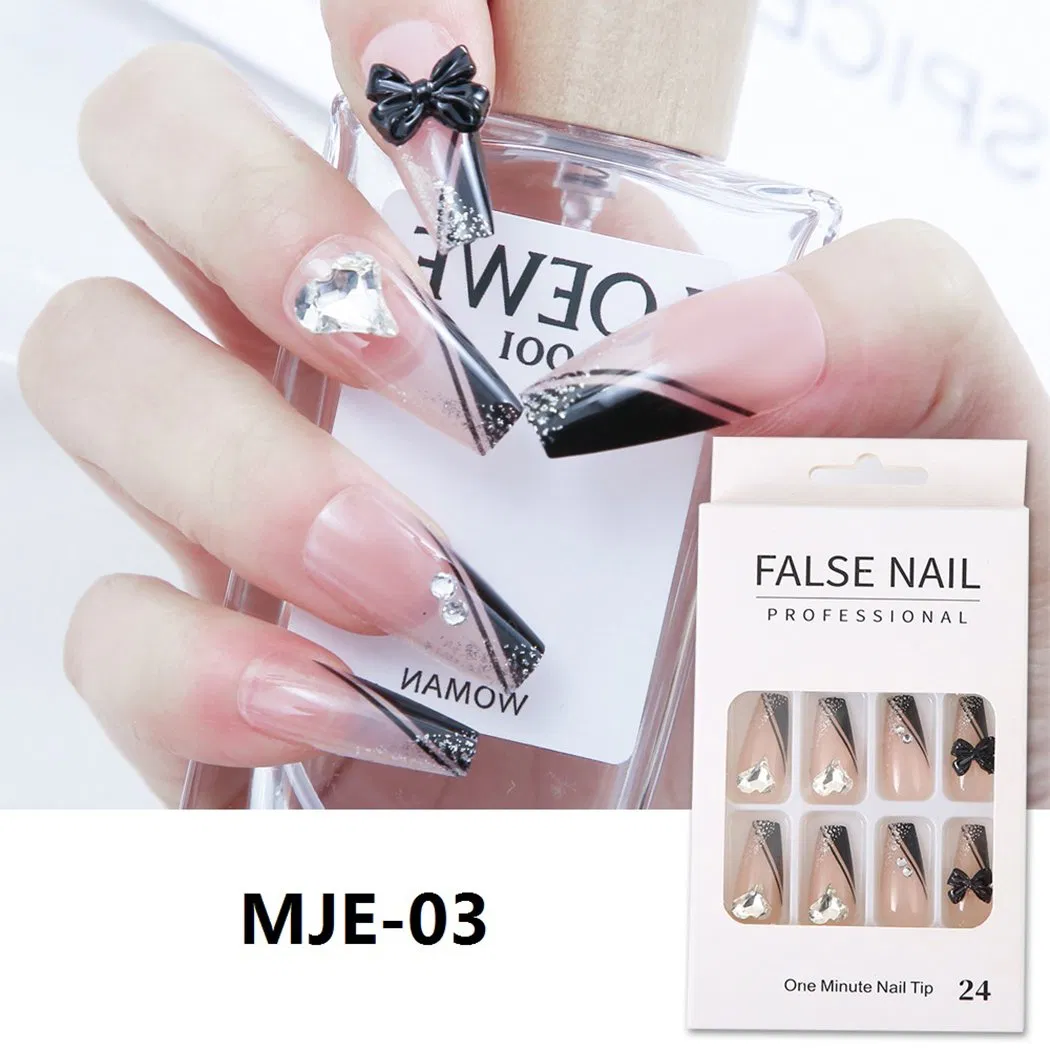 Custom Logo ISO9001almond Fake False French Tip Nails Gold Line Design Glue on Nails Press Ons Medium Acrylic Press on Nails