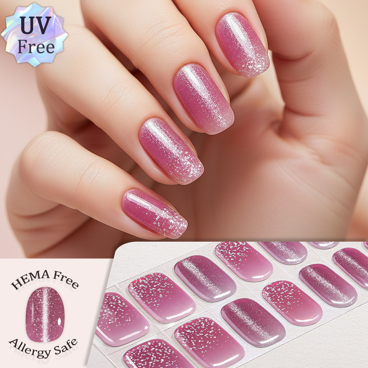 Salon Quality Waterproof Dont Need UV Lamp Free Dry Glitter Gloss 22 Strips Gel Nail Art Wraps Cat Eye Design Gel Nail Stickers