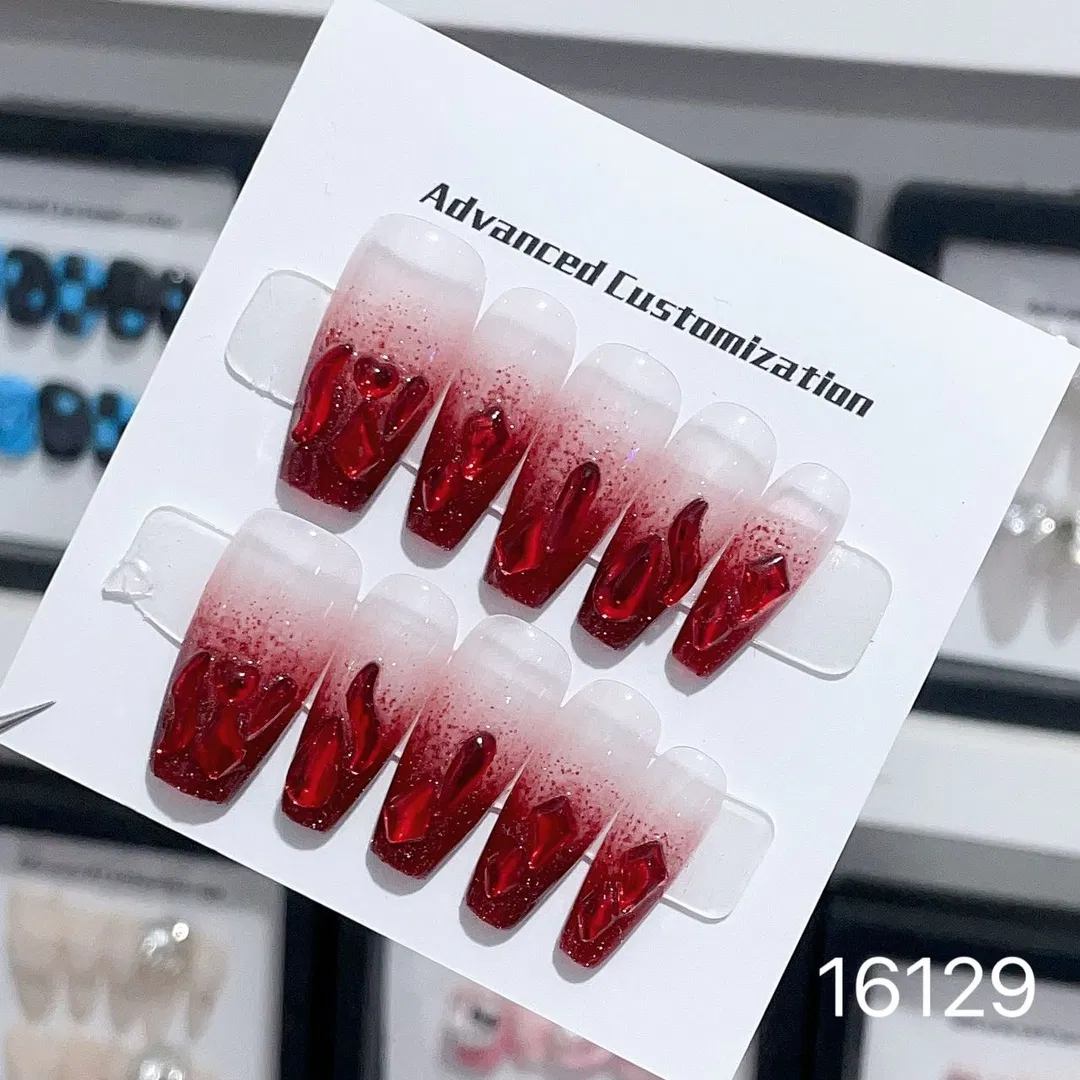 Wholesale Custom Shiny ABS Almond Trapezoid Long Short Acrylic Press on Fake Nails Art Polish Glitter High Quality Rhinestone Cat's Eye Series Design Fingers