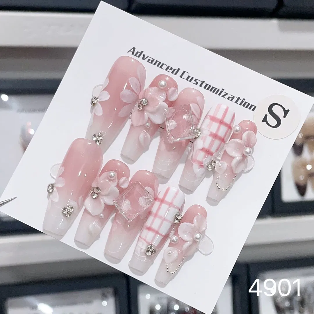 Wholesale Custom French OEM Rhinestone Diamond Glitter Flower Halo Pearl Light Pink Design Long Trapezoid Press Fake Press on Nails Fingers ABS Acrylic Material