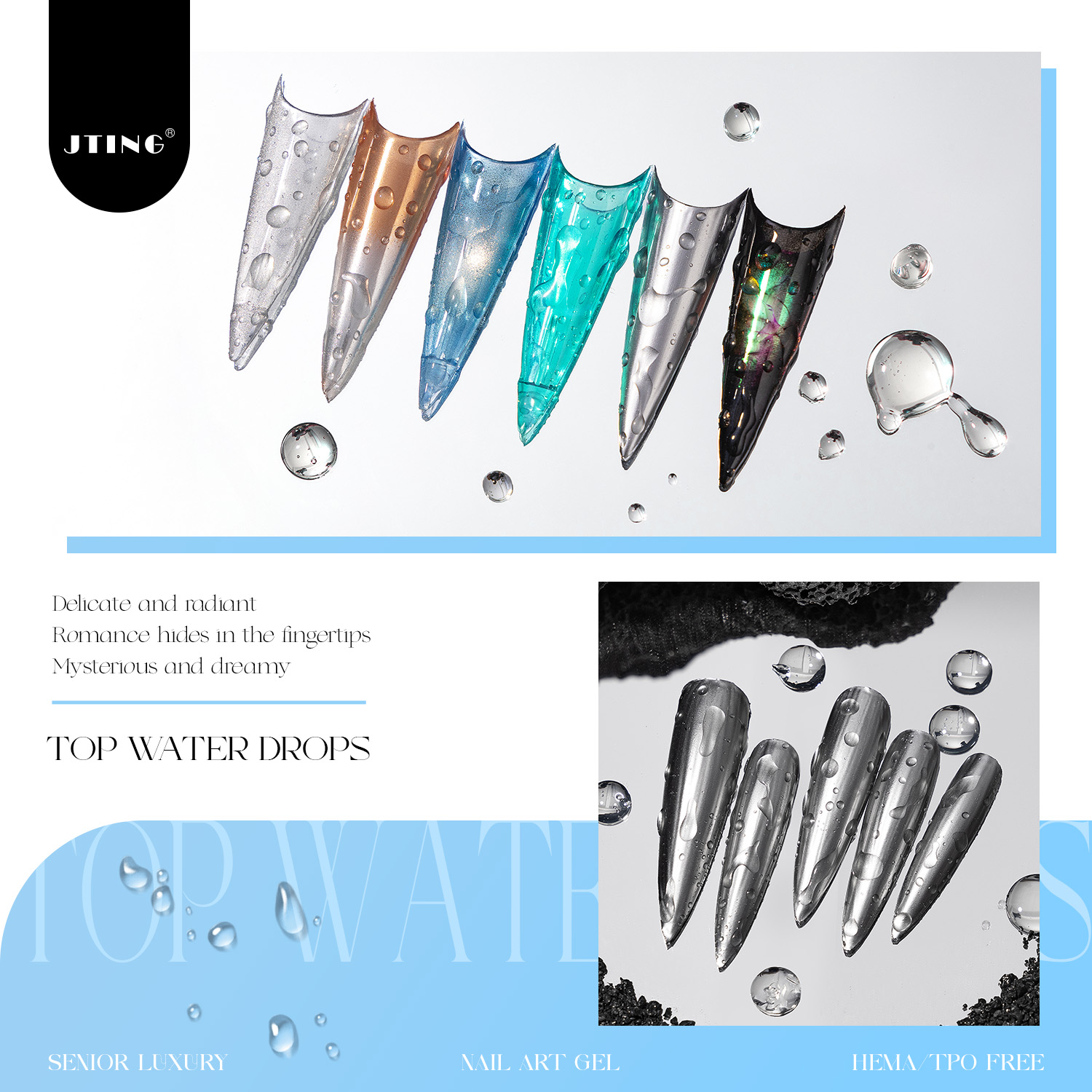 JTING New Version Non Wipe Top Water Drops Nail Polish 3D Top Coat Effect Gel Polish TPO/Hema Free OEM Gel Nail Polish For Nail