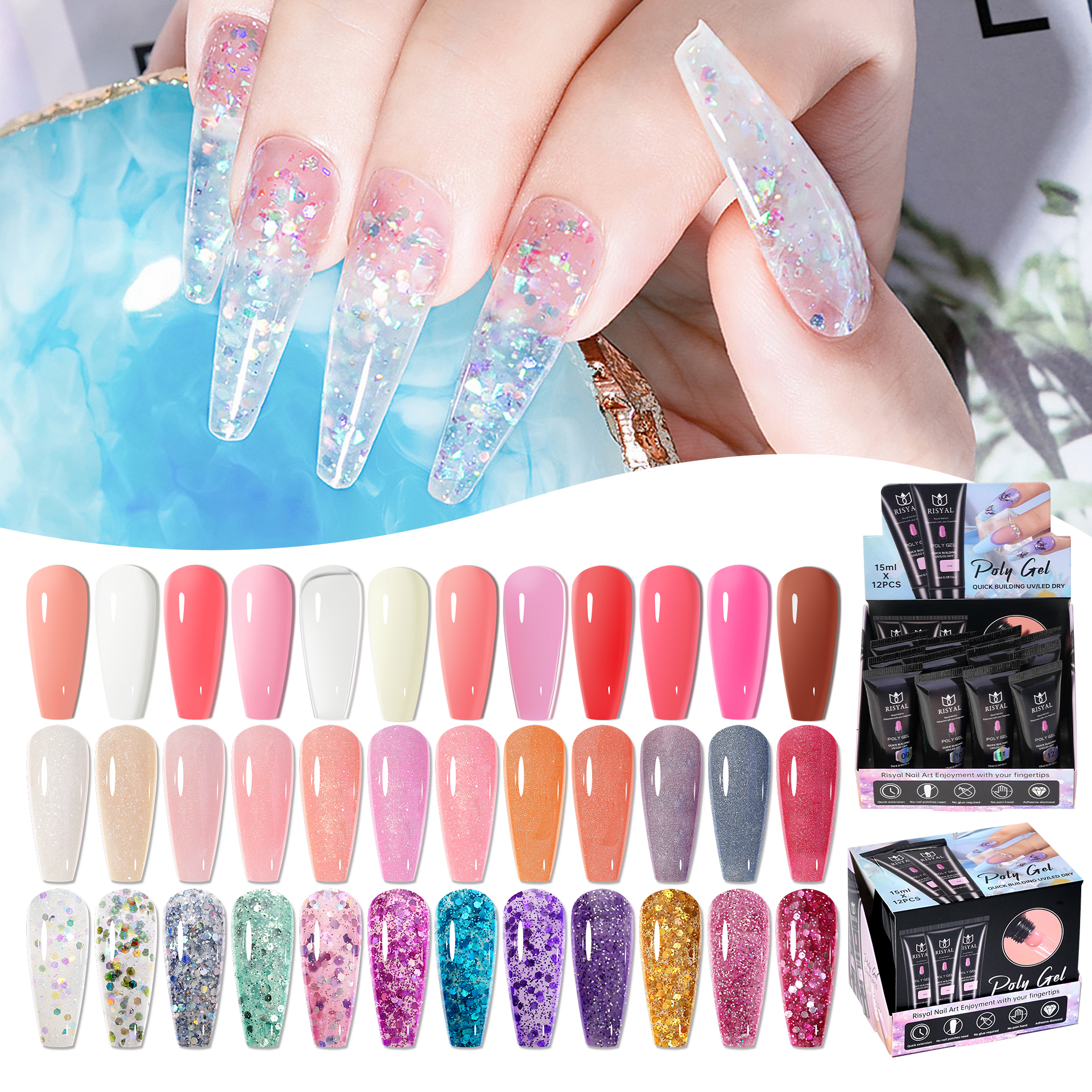 Hot Sale Private Label Nail Secret DIY Nail Extension UV LED Poly Nail Gel Polish Set 15ml 36 Colors Non-Toxic Easy Apply