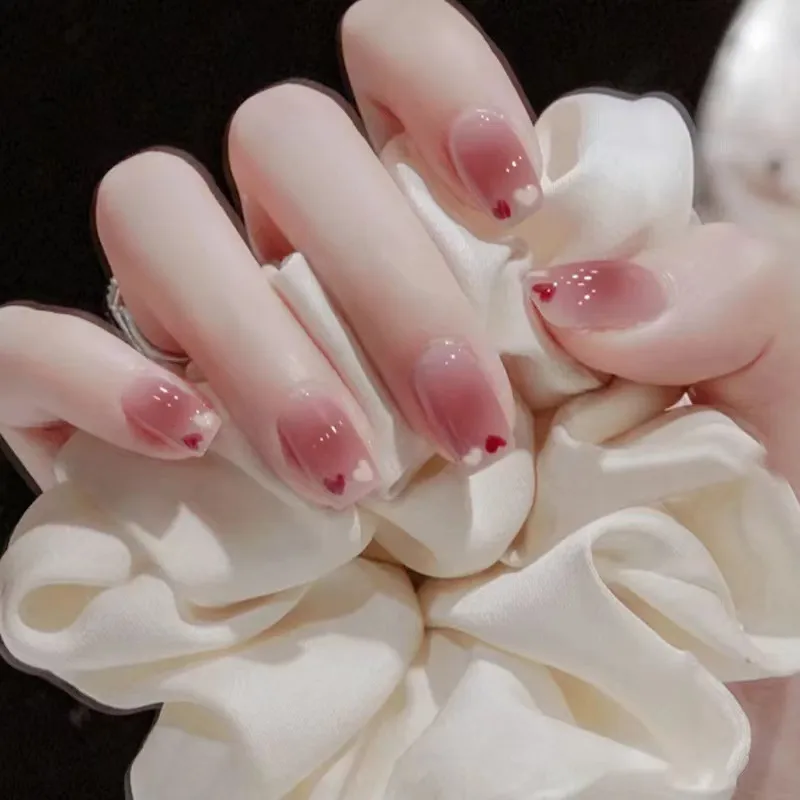 Aurora Drill Blush Glitter Powder Nail White Fake Nails Short Detachable Wearable Manicure